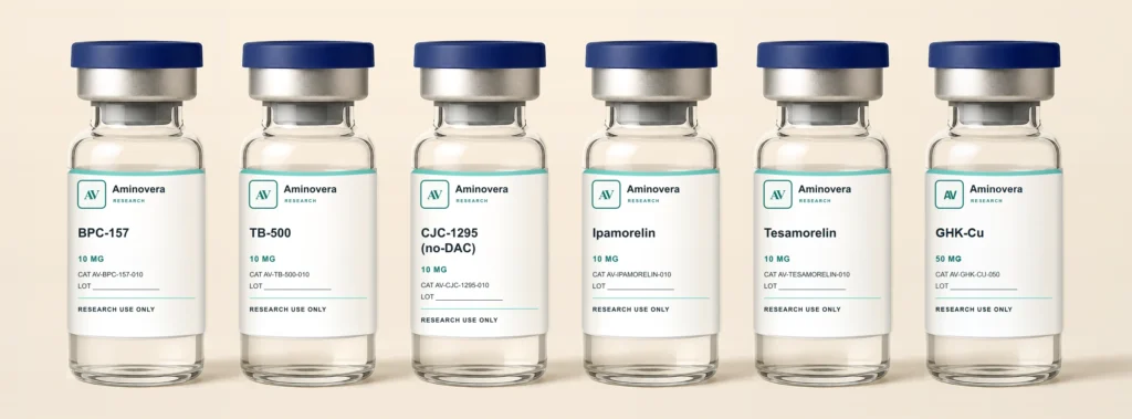 Aminovera lyophilised peptide reference material vials shown together