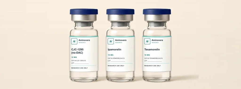 CJC-1295 no-DAC, Ipamorelin and Tesamorelin 10 mg lyophilised vials, Aminovera Research